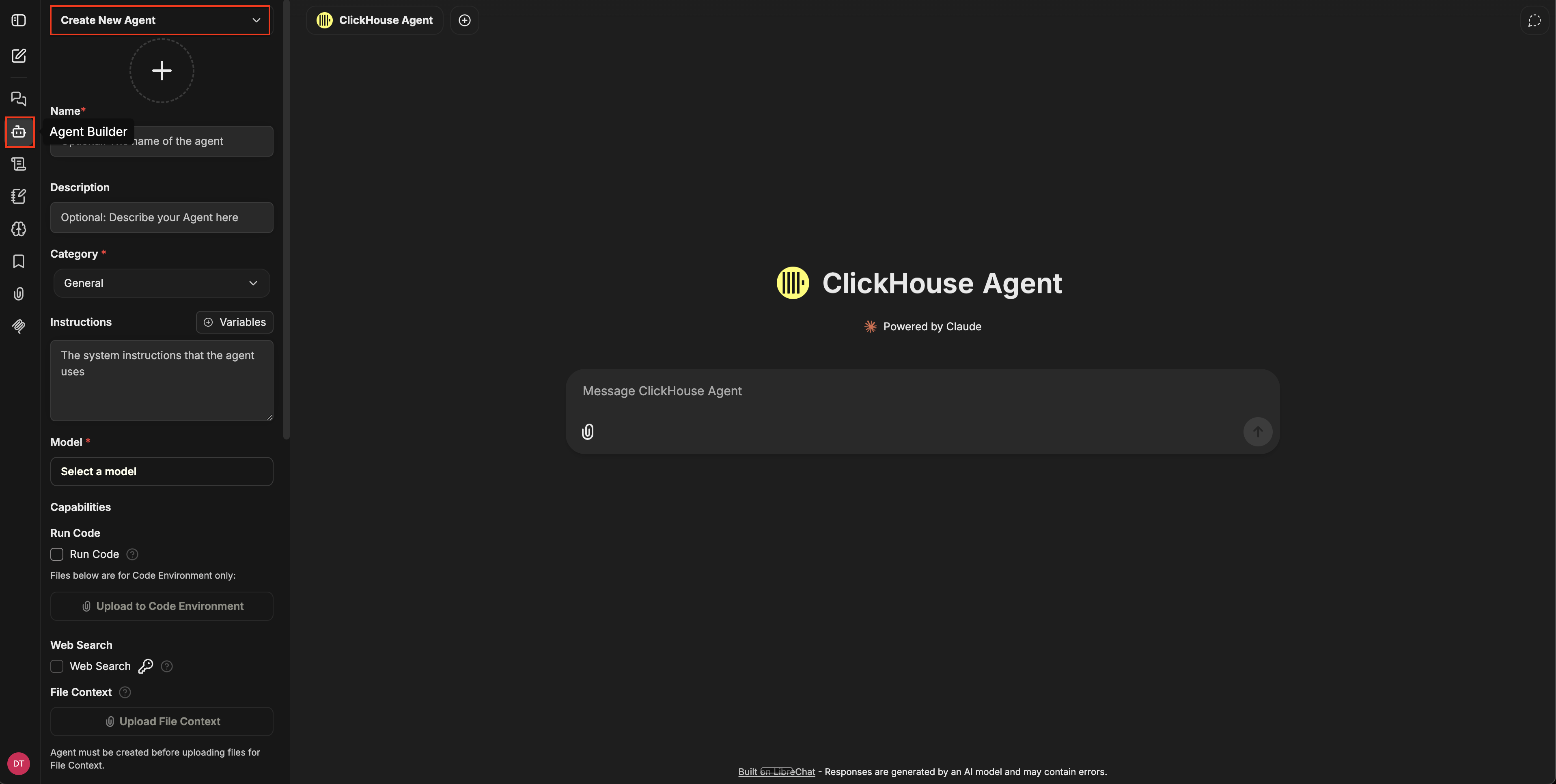 Create New Agent 드롭다운, 양식 필드(Name, Description, Category, Instructions, Model), 그리고 Capabilities 섹션을 보여주는 Agent Builder 패널