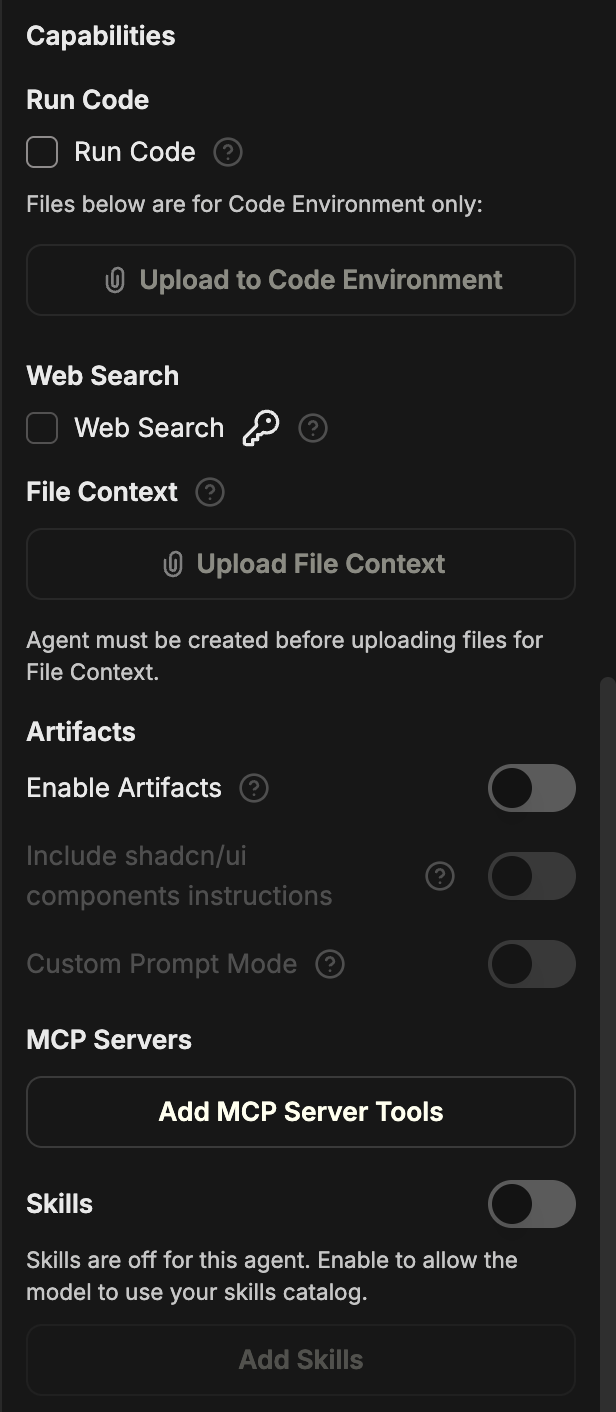 Run Code, 웹 검색, File Context, Artifacts, MCP 서버, Skills 토글을 보여주는 Agent Builder 패널의 Capabilities 섹션