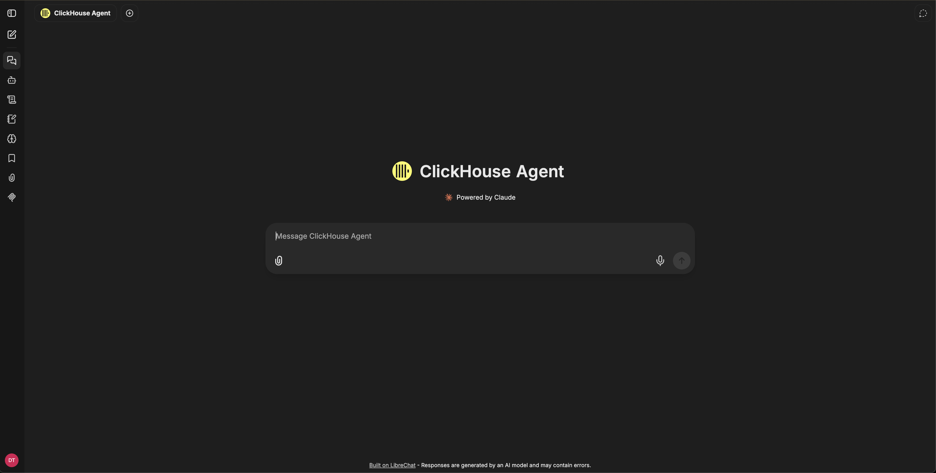 왼쪽 탐색, 에이전트 아이덴티티 헤더, 메시지 컴포저가 표시된 ClickHouse Agent 채팅 화면