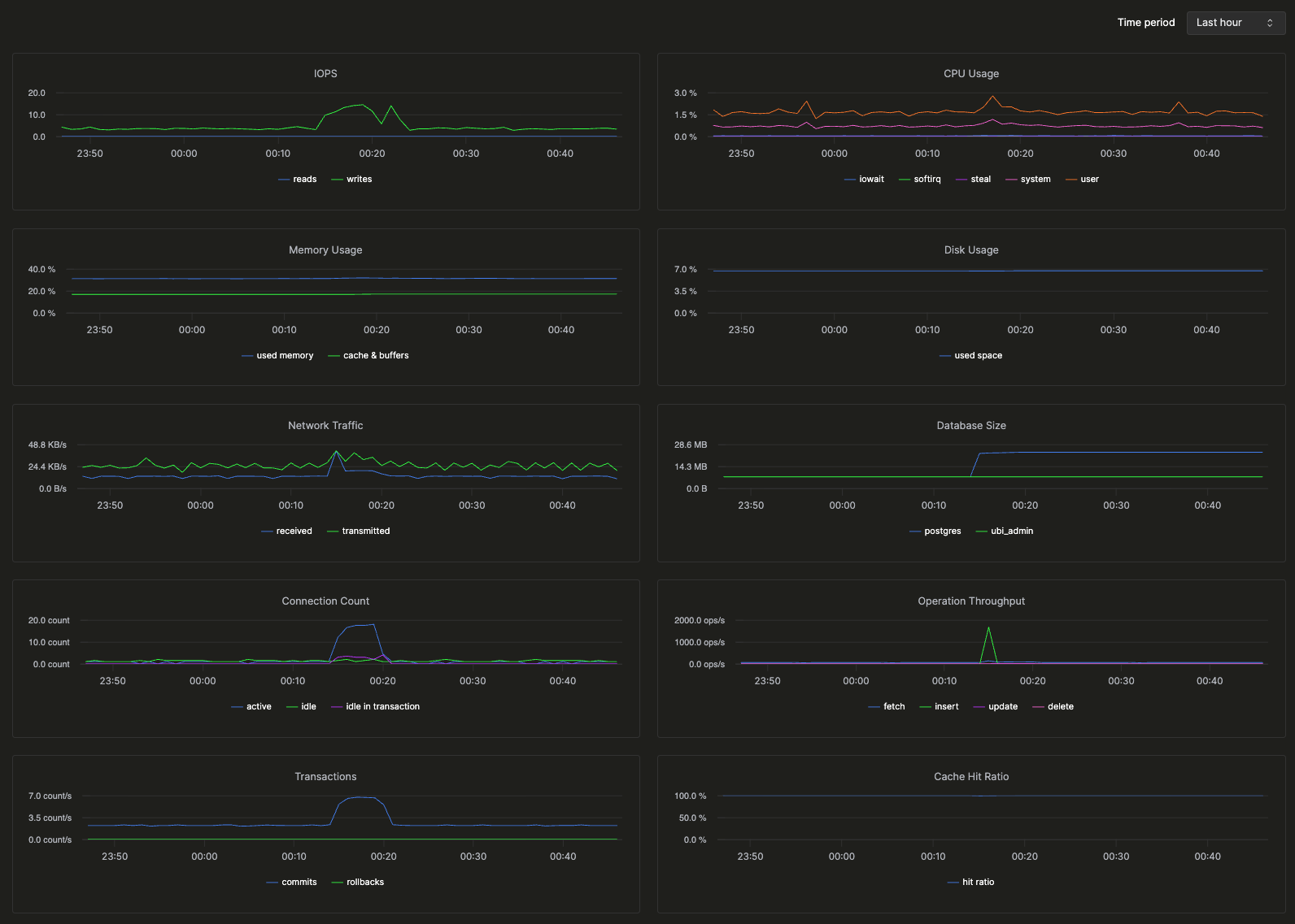 IOPS, CPU 사용량, 메모리, 디스크, 네트워크 트래픽, 데이터베이스 크기, 연결, 처리량, 트랜잭션, 캐시 적중률 및 데드락을 보여주는 모니터링 대시보드