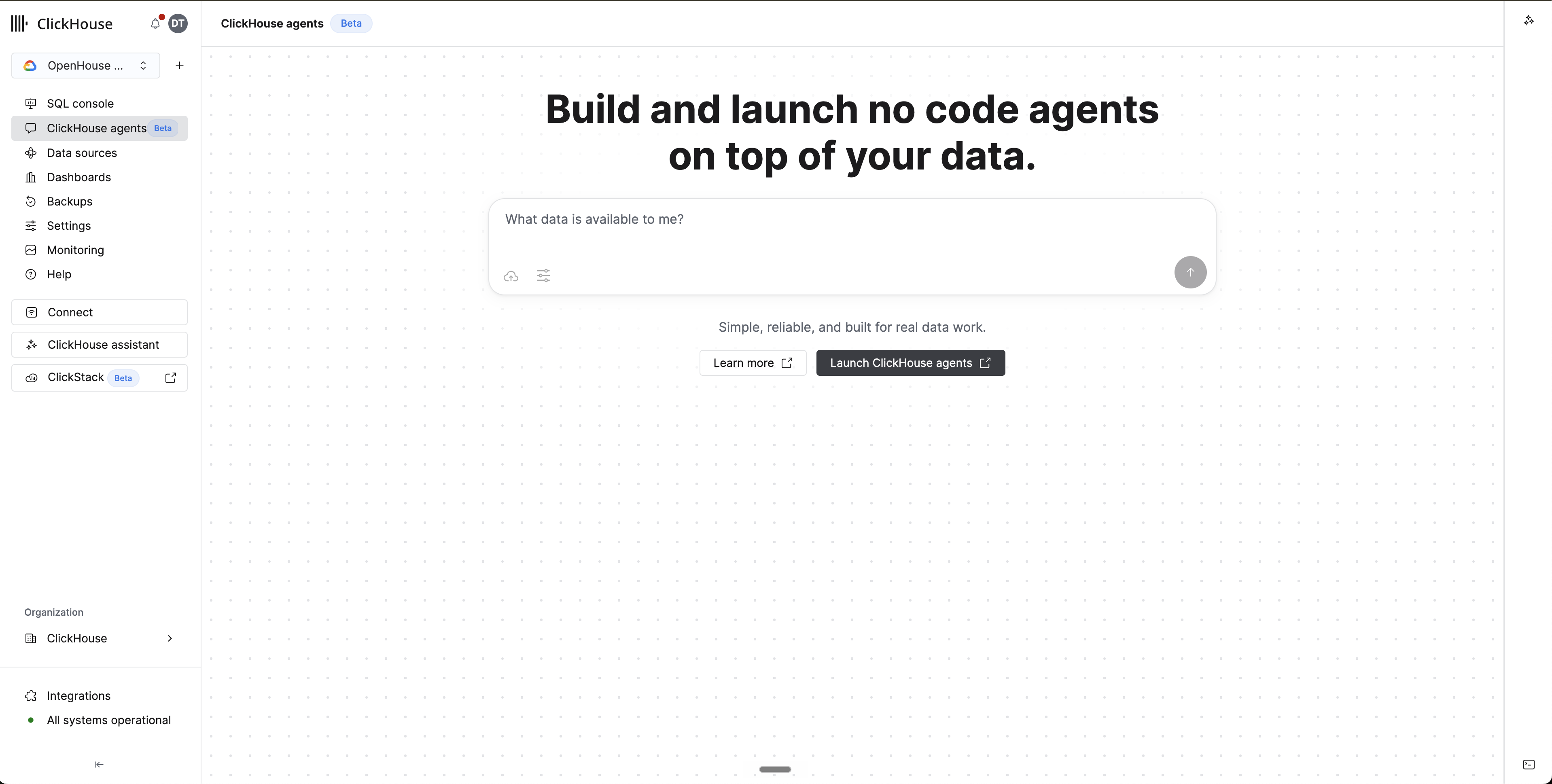 ClickHouse agents(베타)가 선택된 Cloud service 탐색 화면으로, Launch ClickHouse agents 버튼이 있는 런치패드를 보여줍니다