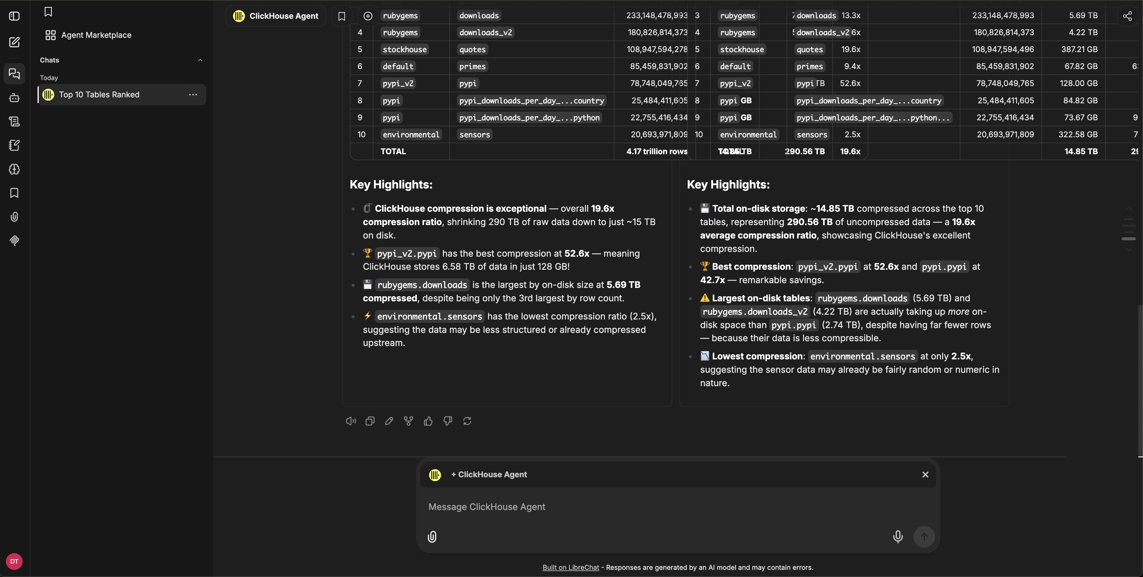 두 개의 ClickHouse Agent 대화가 나란히 실행되며, 둘 다 동일한 run_select_query 도구 호출을 실행하는 멀티 대화 보기