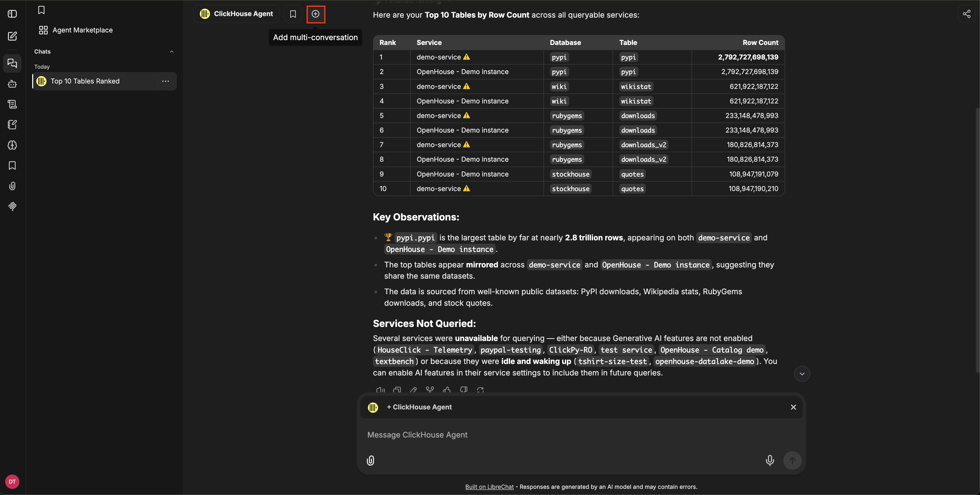 멀티 대화 추가 버튼이 강조 표시된 채팅 헤더와 컴포저 위의 + ClickHouse Agent 표시기