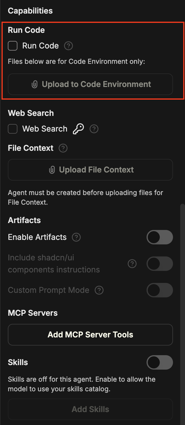 Run Code 확인란이 활성화되어 있고 Upload to Code Environment 버튼이 있는 Capabilities 패널의 Run Code 섹션