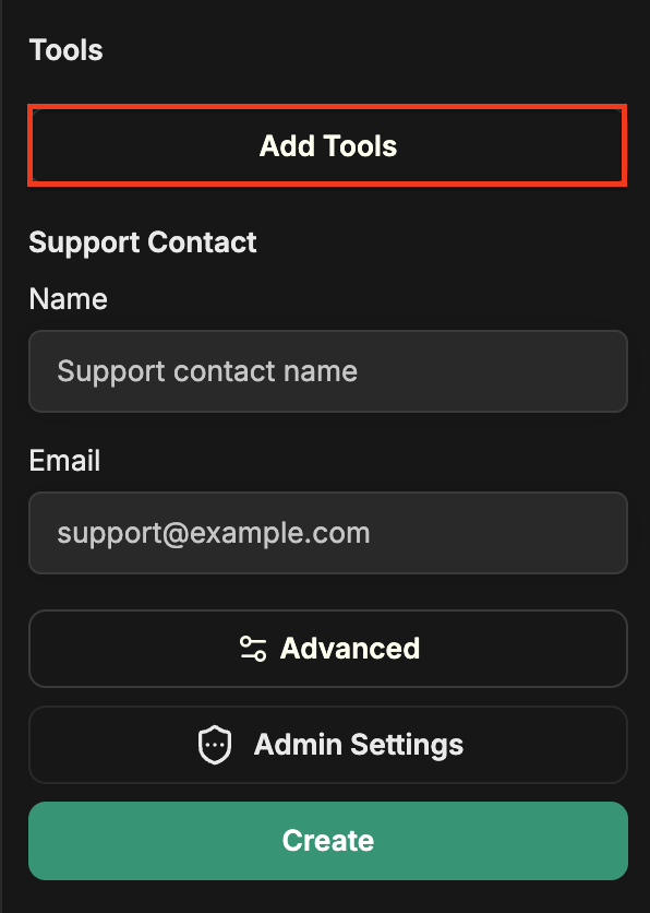 Add Tools 버튼이 강조 표시된 Agent Builder 패널 하단