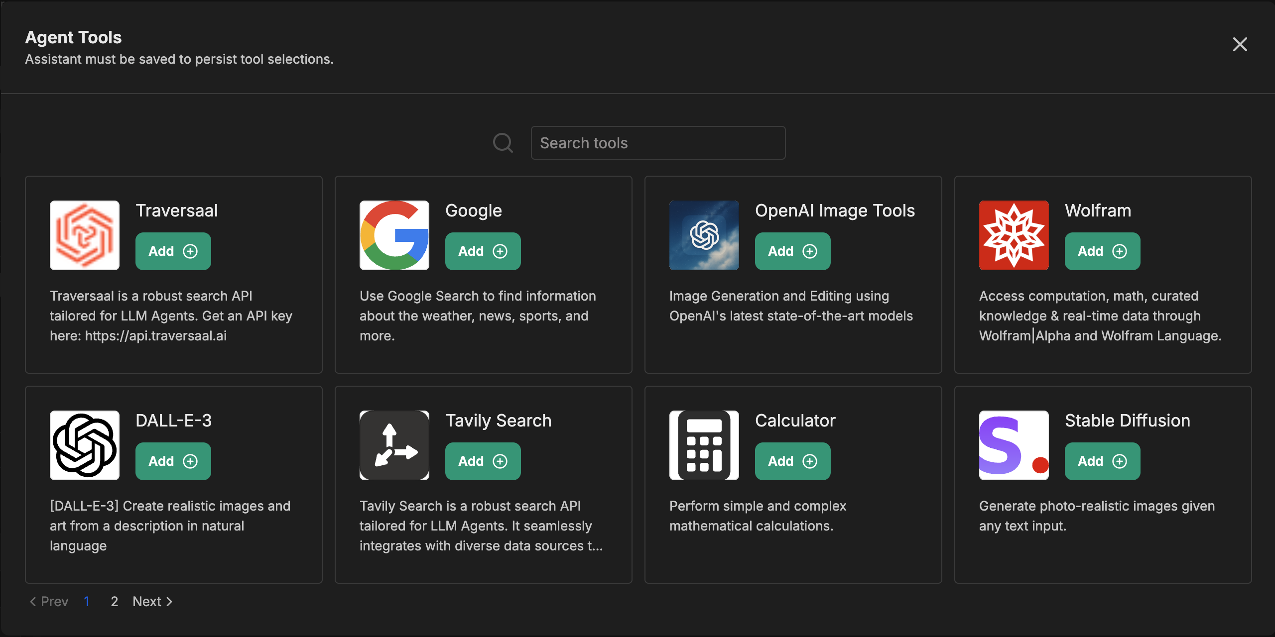 Google, OpenAI Image Tools, Wolfram, DALL-E-3, Tavily Search, Calculator, Stable Diffusion을 포함한 서드파티 통합 그리드를 보여주는 Agent Tools 모달